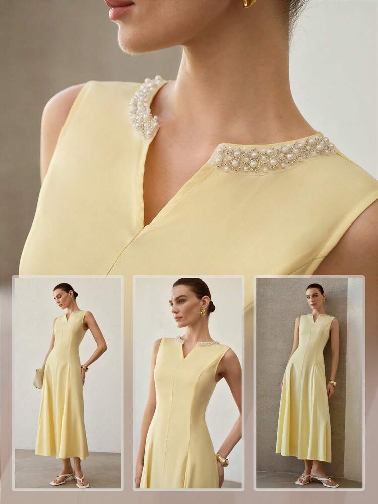 SPRING/SUMMER NEW NOTCH NECK SLEEVELESS WAIST GATHERED A-LINE RHINESTONE CINCHED WAIST ELEGANT DRESS FOR WOMEN