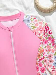 SHEIN Colorful Ditsy Floral Long Sleeve One-Piece Swimsuit, Fashionable, Casual, Elegant, Suitable For Swimming And Summer Vacation Beach - Pink - View 3