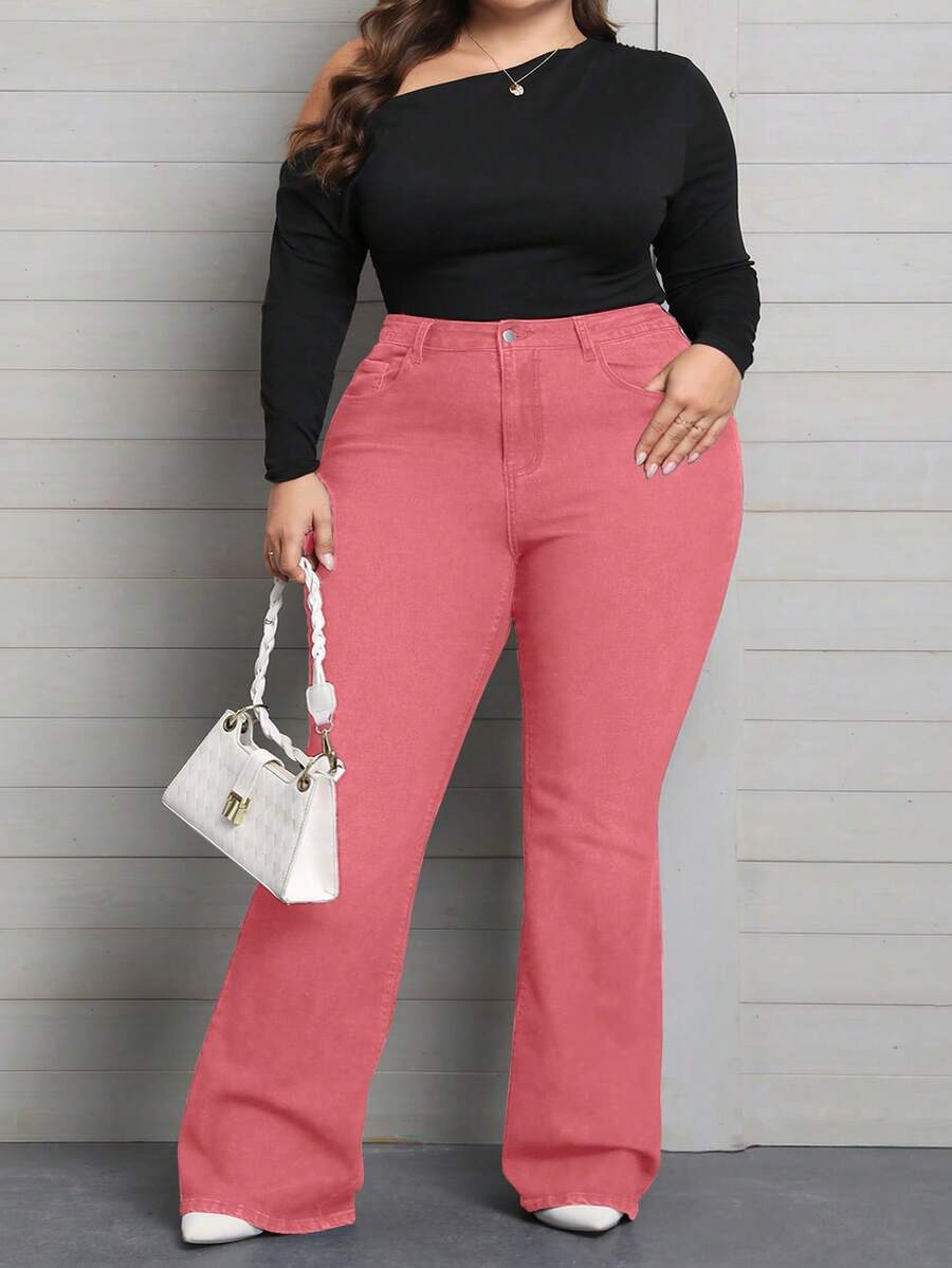 SHEIN CURVE+ Plus Size Solid Color Slant Pocket Fitted Stretch Flare Jeans - Pink - View 1