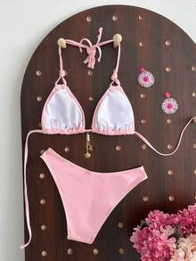 Swim Mod Women's Pink Summer Sensual Beach Holiday Shiny Fabric Halter Neck Triangle Top With Metal Pendant Decor And Triangle Bottom Swimwear Set,Sweet Cute - Pink - View 2
