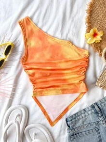 SHEIN 少女甜美优雅不对称肩带不对称印花吊带背心，适合春夏旅行、度假、散步、海滩、派对等场合。 - 橘色 - 查看 2