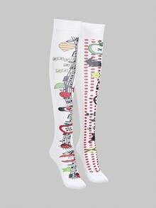 ROMWE Anime Tất cao đến đầu gối họa tiết biểu tượng âm nhạc và động vật vui nhộn - Tất chấm bi phong cách thẩm mỹ dễ thương dành cho thiếu nữ tuổi teen theo phong cách Y2K. - Điểm sóng đỏ trắng - Xem 3