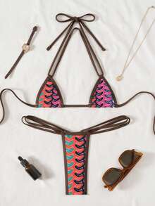 Swim SXY 2pcs/Set New Textured Fabric Micro Triangle Cup Halter Sexy Elegant Vacation Bikini Set, Suitable For Beach, Pool Party - Multicolor - View 1
