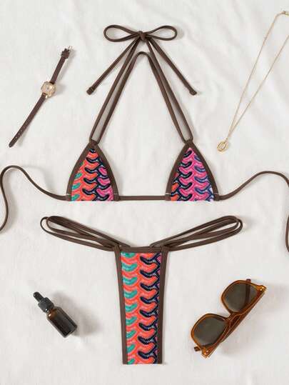 Swim SXY 2pcs/Set New Textured Fabric Micro Triangle Cup Halter Sexy Elegant Vacation Bikini Set, Suitable For Beach, Pool Party