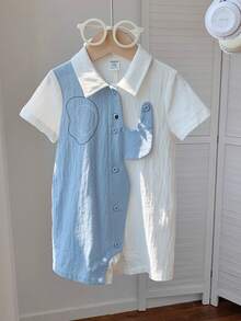 Baby Boy Cute Casual Color Block Cartoon Elephant Pattern Lapel Romper - Blue - View 8