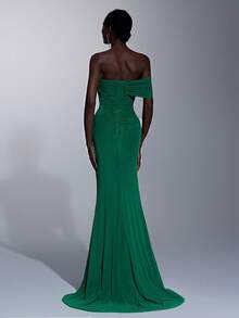Elitara Elegante vestido de punto elástico verde con malla sin tirantes, busto fruncido, cintura retorcida, bajo asimétrico de cola de pez (colgante metálico desmontable), adecuado para citas, vacaciones, fiestas de solteros, bodas, eventos de vuelta al colegio - Verde - Ver 3