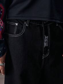 Skyrend 男士新款时尚休闲刺绣宽松水洗黑色牛仔裤 - 黑色 - 查看 6