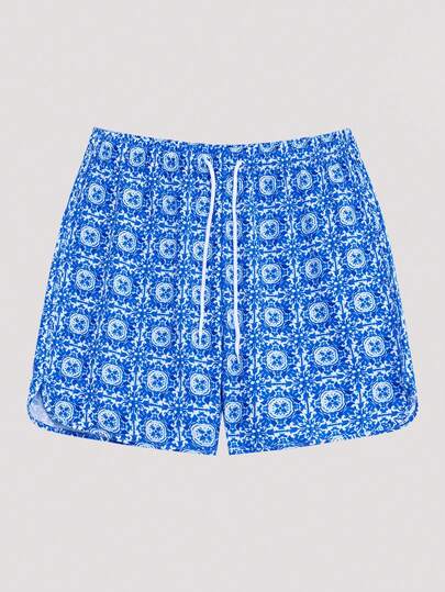 Open Phase 男士夏季度假风腰果花印花抽绳腰沙滩短裤，运动休闲旅行速干，夏季夏威夷风情，海滩度假，情侣泳装蓝色，复古美式，男女通用，宽松版型夏季服装——适合日常穿着和夏季度假穿着。