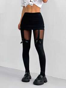 SHEIN EZwear Quần tất lưới vá trang trí nơ lưng cao trơn màu dành cho nữ - màu đen - Xem 6