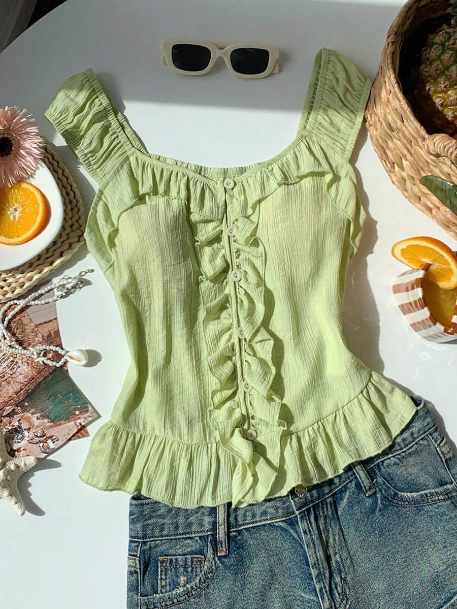 Comfortcana Cămașă casual cu volane în culori solide pentru femei, cu un singur nasture - Verde - Vizualizare 1