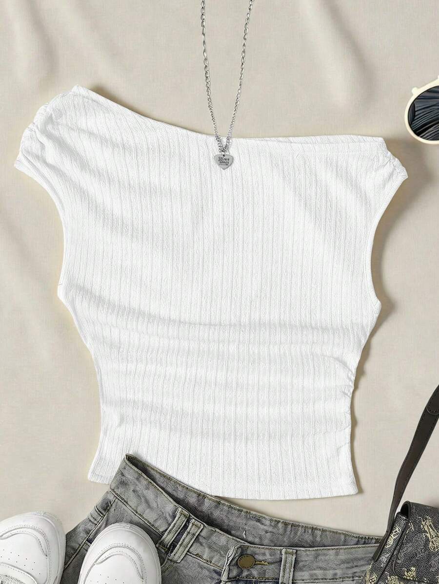 SHEIN Teen Girl Splice Casual Asymmetric Shoulder Textured Fabric Camisole - White - View 1
