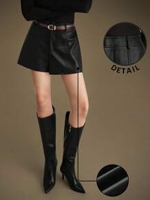 Ontre Quần short nữ chất liệu PU có túi thật, cạp chun, kiểu dáng mới Xuân/Hè 2026, quần công sở thường ngày, trang phục công sở thanh lịch, áo len mùa đông, trang phục dự tiệc và tụ họp. - màu đen - Xem 2