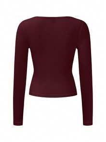 Zavorell Women's Casual Solid Color Square Neck Long Sleeve T-Shirt - Burgundy - View 2