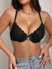 DesireSculpt 1pc Underwire Thin Cup Front Closure Sexy Lace Comfortable Supportive Bra - Black - View 4