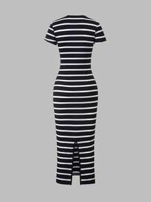 SHEIN ChillGRL Vestido corto de manga corta minimalista y casual que combina con todo para adolescentes - Blanco y Negro - Ver 2