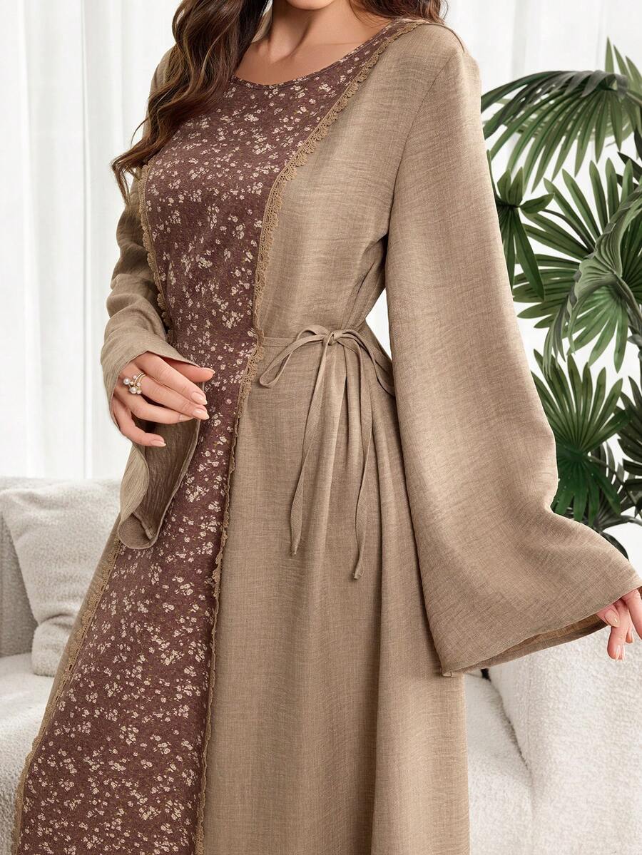 Al Najma Plus Size Women's Spring/Autumn Patchwork Ditsy Floral Flare Sleeve Lace Tie Dress - Multicolor - View 1