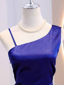 缎面露肩舞会礼服，荷叶边下摆，修身剪裁，开衩设计，适合婚礼、派对、生日、宴会等各种场合，四季皆宜。 - 藍色 - 查看 5