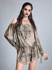 ROMWE Goth Retro Vacation Beach Bubble Print Off-Shoulder Mesh Mini Skirt - Multicolor - View 5