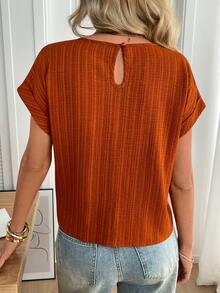 SHEIN LUNE Áo sơ mi nữ dáng rộng, màu trơn, chất liệu có họa tiết, thích hợp cho mùa hè, đi nghỉ mát, đi làm, đi làm hàng ngày, kiểu dáng cơ bản, thắt nơ. - trái cam - Xem 2