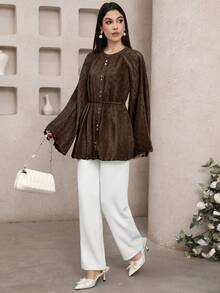 Veilorie New Textured Pleated Tie-Cinched Waist Elegant Versatile Daily Wear & Party Blouse - Brown - View 4
