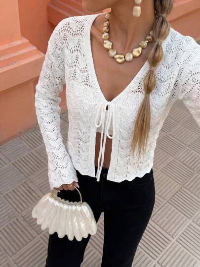 Flora Isola Flora Isola Women's Elegant Solid Color Tied Up Hollow Knit Cardigan Fall Winter Cloth For Women