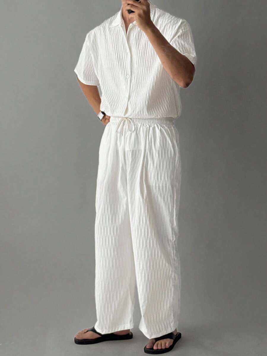 Men's Short Sleeve Shirt Set With White Pants, Lining Design - White - View 1