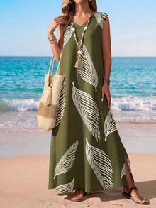 Sylviya Đầm maxi nữ màu xanh rêu quân đội, chất liệu vải dệt, phong cách boho, cổ chữ V, không tay, họa tiết lông vũ ngẫu nhiên và xẻ tà, kiểu dáng thường ngày. - xanh quân đội - Xem 1