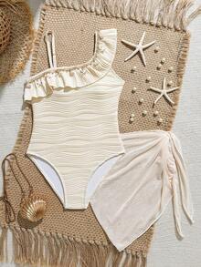Tween Girl Solid Color Textured Ruffle One-Piece Swimsuit And Mini Skirt, Suitable For Beach Vacation, Pool Party, Beach Party - Beige - View 1
