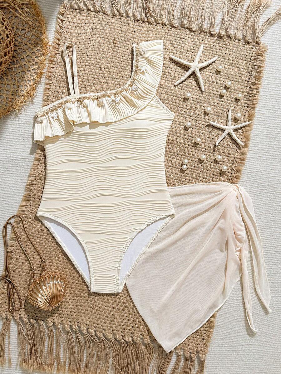 Tween Girl Solid Color Textured Ruffle One-Piece Swimsuit And Mini Skirt, Suitable For Beach Vacation, Pool Party, Beach Party - Beige - View 1