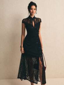 Poéselle New Chinese Style Lace Cheongsam Dress, Slim Fit Open Front High Slit Elegant A-Line Dress For Women - Black - View 7