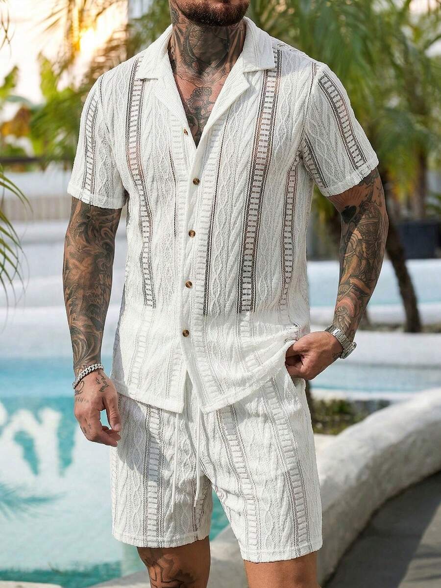 VENTUSAIL 男士白色镂空提花条纹休闲度假短袖衬衫和短裤套装 - 白色 - 查看 1