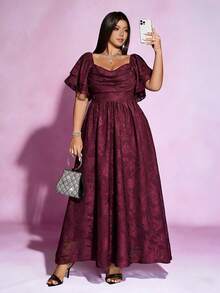 SHEIN PETITE CURVE Plus Size Comfortable Jacquard Casual Elegant Dress, Suitable For Spring And Summer Evening Formal Wedding Burgundy - Burgundy - View 6