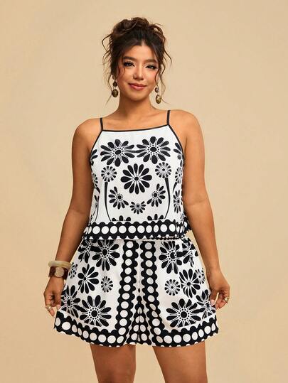 Travachic 女士无袖宽松几何印花对称图案短裤两件套，春夏海滩度假