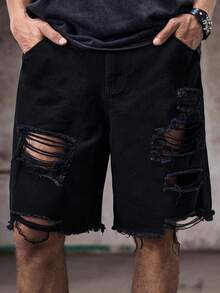 Skyrend Men Loose Fit Ripped Raw Hem Denim Shorts Distressed Design Jortsemo - Black - View 6