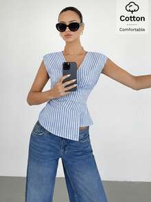 Siren Gaze 女士V领条纹休闲百搭日常上衣 女士休闲穿搭 女士夏季穿搭 女士休闲上衣 女士夏季上衣 条纹V领上衣 - 藍白色 - 查看 6