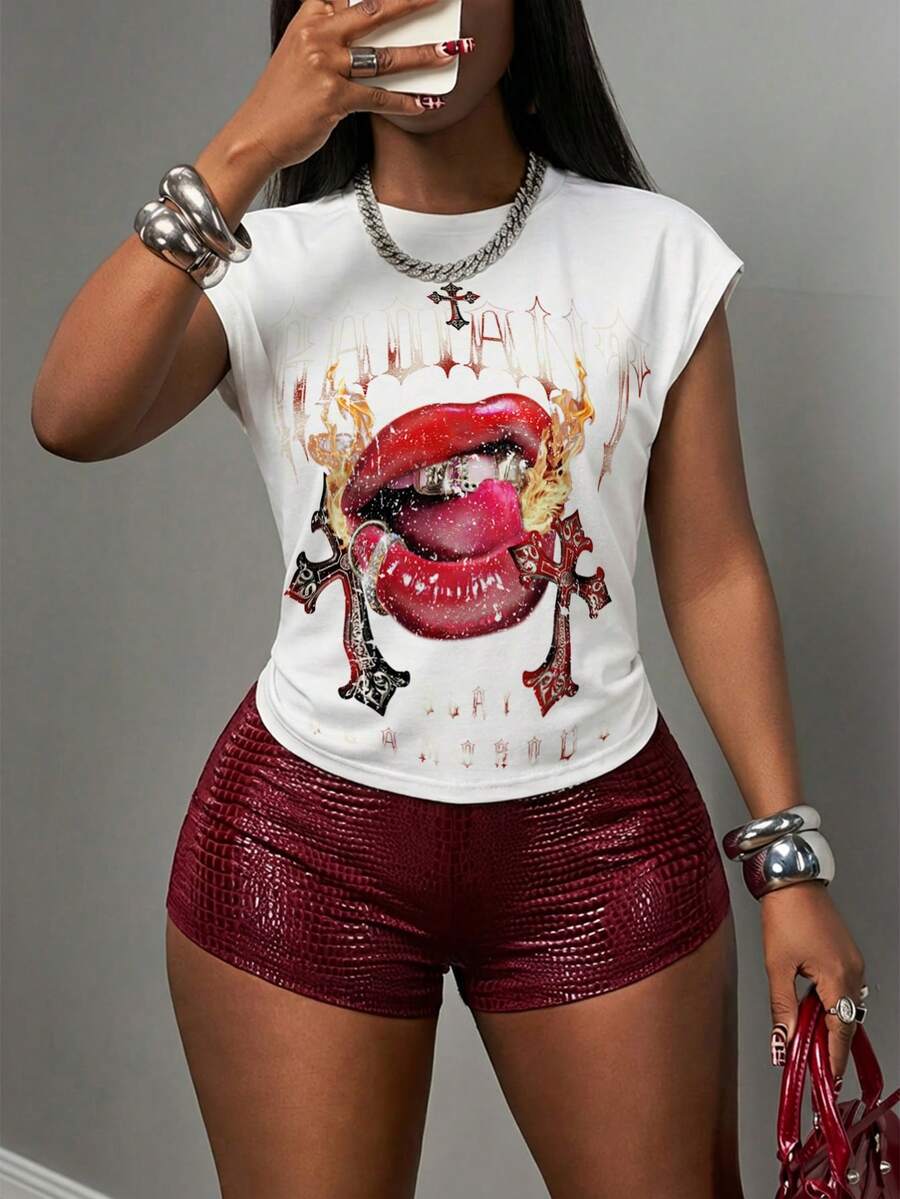 Slaydiva Bộ đồ nữ mùa Xuân/Hè mới, dáng ôm, phong cách đường phố, gợi cảm, cổ tròn, không tay, in hình môi + quần đùi PU ngắn, thích hợp cho Giáng sinh, Năm mới, Ngày Valentine, Tiệc tùng, Thanh lịch, Hẹn hò, Thường ngày, Tiệc sinh nhật, Trang phục thường ngày, Mua sắm, Đi chơi, Kỳ nghỉ-B - trắng - Xem 1