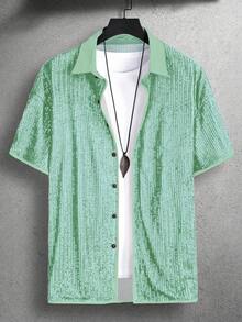 Manfinity AFTRDRK Áo sơ mi nam tay ngắn, kiểu dáng thường ngày, đa năng, phối sequin và nhiều mảnh vải, cài một hàng khuy. - Màu xanh Bạc hà - Xem 3