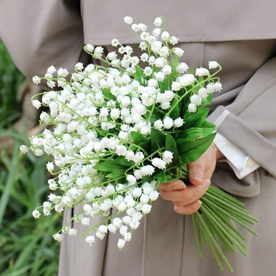 铃兰枝条仿真花,铃兰塑料花,户外新娘婚礼捧花,适用于家居花园派对婚礼装饰 - 白色 - 查看 1