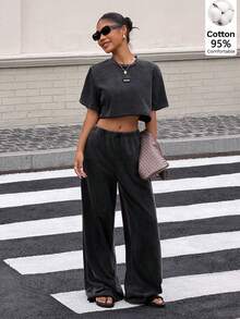 Muchica 2PCS Women's Western-Style Casual Distressed T-Shirt And Pants Set, Suitable For Music Festivals And Other Occasions; Women's Casual And Fashionable Street Style Everyday Commuting Set With A Short-Sleeved Cropped T-Shirt And Wide-Leg Pants, Spring/Summer Style.Easter Outfit Women - Black - View 8