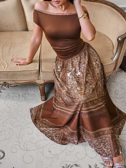 Modelyn 女士优雅单肩印花拼接连衣裙