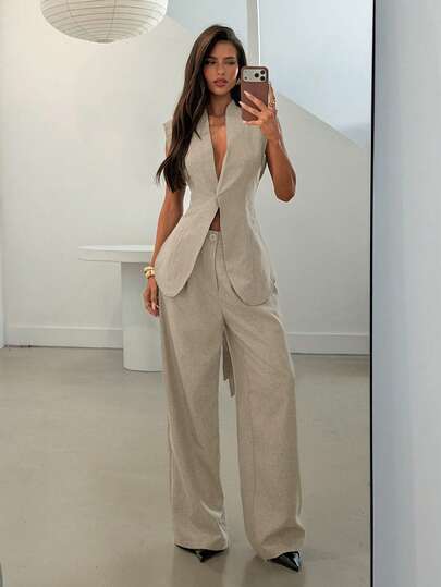 Aloruh Quần ống rộng màu be thanh lịch dành cho nữ, cổ chữ V, cạp chun co giãn.