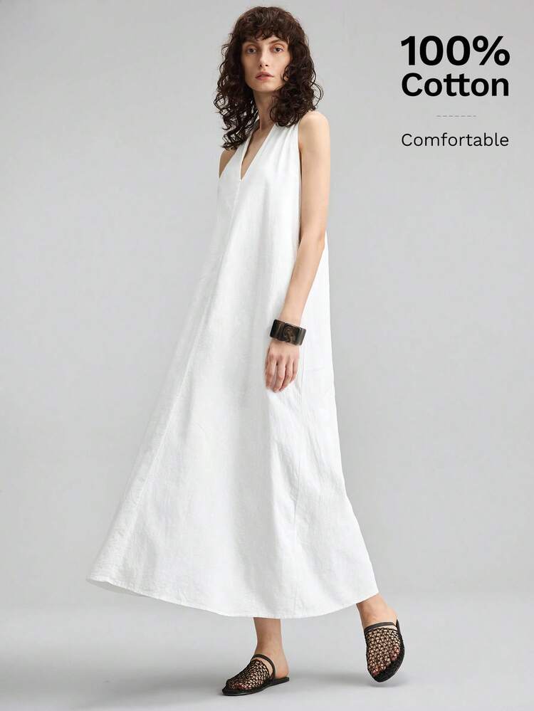 Elegant V-Neck Ivory White Midi Dress, Chic And Romantic French Style, Luxury Fabric, Versatile For Business, Casual, Office, Wedding Guest, Summer, Holiday, Commute,Summer Dresses For Women