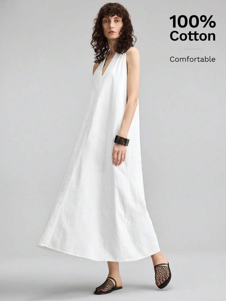 Ontre 优雅V领象牙白中长连衣裙，别致浪漫的法式风格，采用奢华面料，适合商务、休闲、办公、婚礼宾客、夏季、度假、通勤等多种场合。 - 白色 - 查看 1