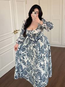 Vibekara Plus Size Blue And White Porcelain Print Long Dress, Casual For Spring And Summer Fall - Blue - View 4