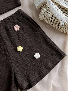 SHEIN Áo hai dây cổ chữ V màu mơ dệt kim cho bé gái tuổi teen, hở lưng, kết hợp với quần short cạp chun, trang phục đi học thường ngày cho bé gái tuổi teen, váy hè cho bé gái tuổi teen. - màu nâu - Xem 4