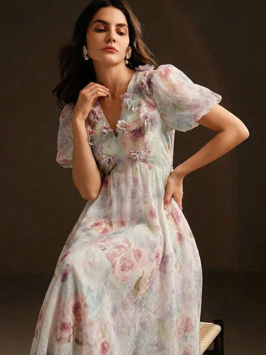 Anewsta 女士长款连衣裙，深V领，正面镂空花瓣装饰，泡泡袖，收腰，喇叭裙摆，雪纺印花优雅度假连衣裙 - 白色 - 查看 1