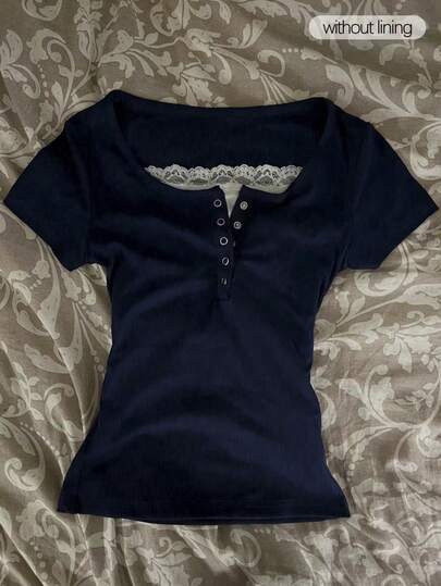 Glimmora Camiseta casual de mujer con media cartera con botones, manga corta y parches de encaje