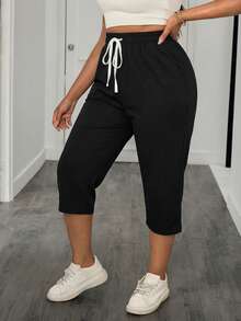 SHEIN PETITE CURVE Quần lửng cỡ lớn có túi chéo và dây rút ở eo - màu đen - Xem 9