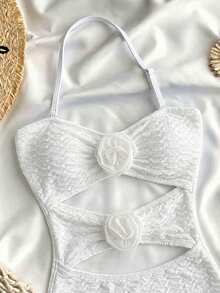 SHEIN 少女连体泳衣，带金属海星装饰挂脖 - 白色 - 查看 3