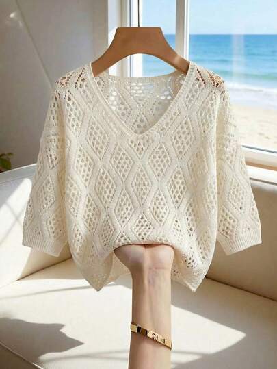 SHEIN Franclia New Arrival Women's Blush Pink Openwork Knit Top - Crew Neck Elbow Sleeve, Geometric Dot Pattern, Ribbed Trim, Coastal Feminine Charm & Relaxed Casual Style